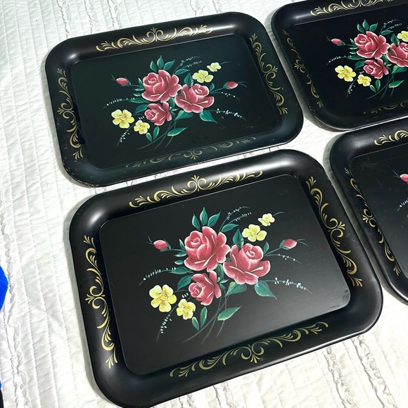 Vintage Black Floral Decorative Serving trays Toleware Plates Flowers 17 X 13 In - Picture 2 of 10